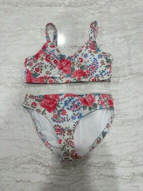 Floral Two-Piece Bikini Set in White, Red & Blue